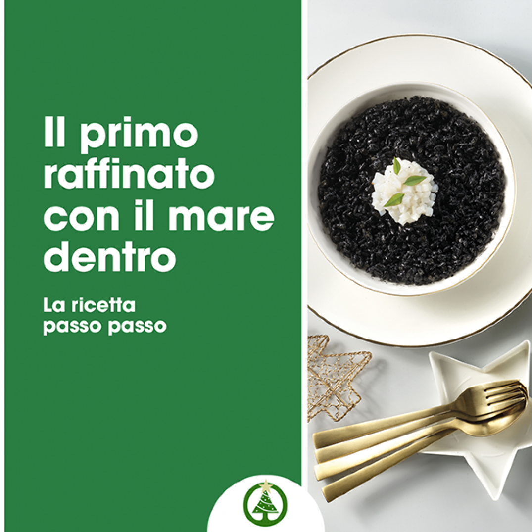 Ricetta  RISOTTO AL NERO DI SEPPIA CON IL SUO CRUDO, ORIGANO E BASILICO