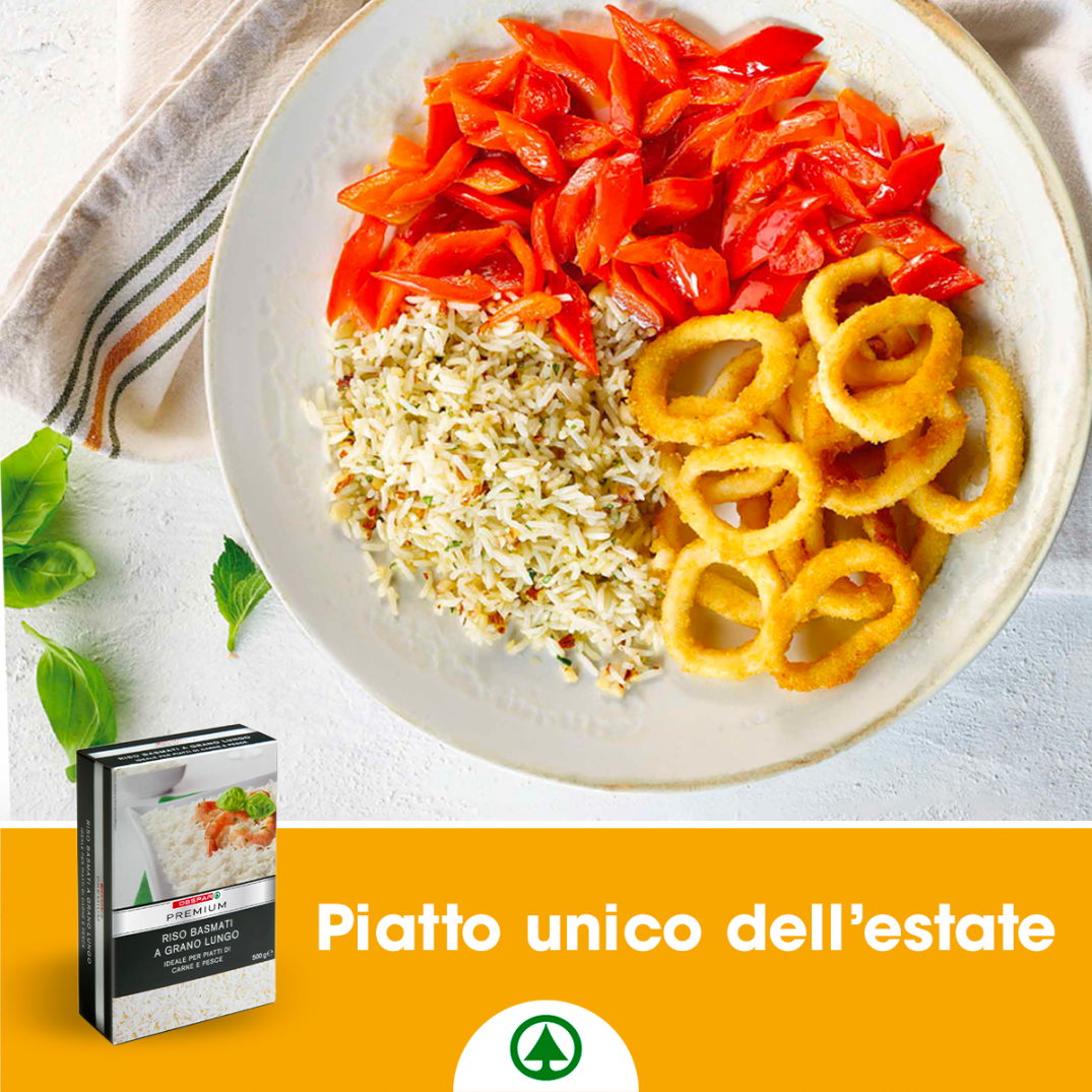 Ricetta CALAMARI “FRITTI” IN PADELLA, PEPERONI SPADELLATI E BASMATI ALLE MANDORLE, BASILICO E MENTA