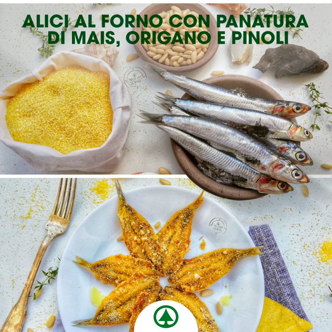 Ricetta ALICI AL FORNO CON PANATURA DI MAIS, ORIGANO E PINOLI