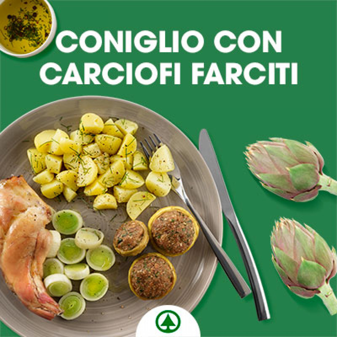 Ricetta CONIGLIO AL PORRO PATATE AL FINOCCHIETTO E CARCIOFI AGLI AROMI